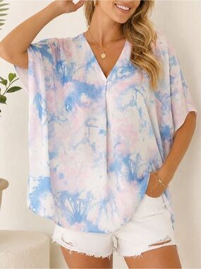 Adrienne Women’s Blue/Pink Tie Dye Chiffon V Neck Relaxed Fit Blouse size M